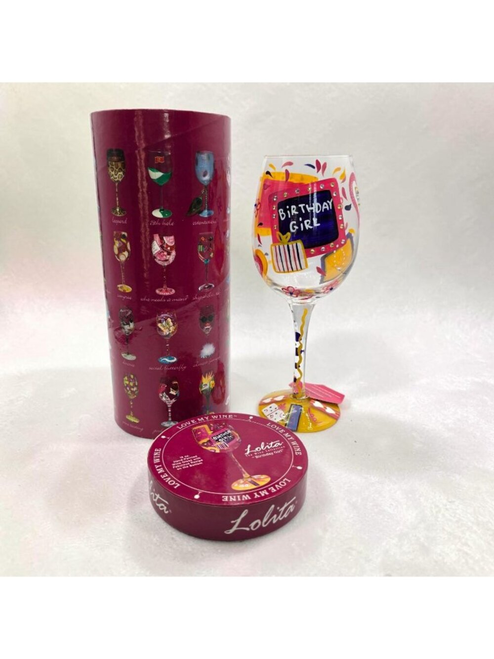 Lolita Birthday Girl Hand-Painted 15 Oz Wine Glass Recipe & Gift Box